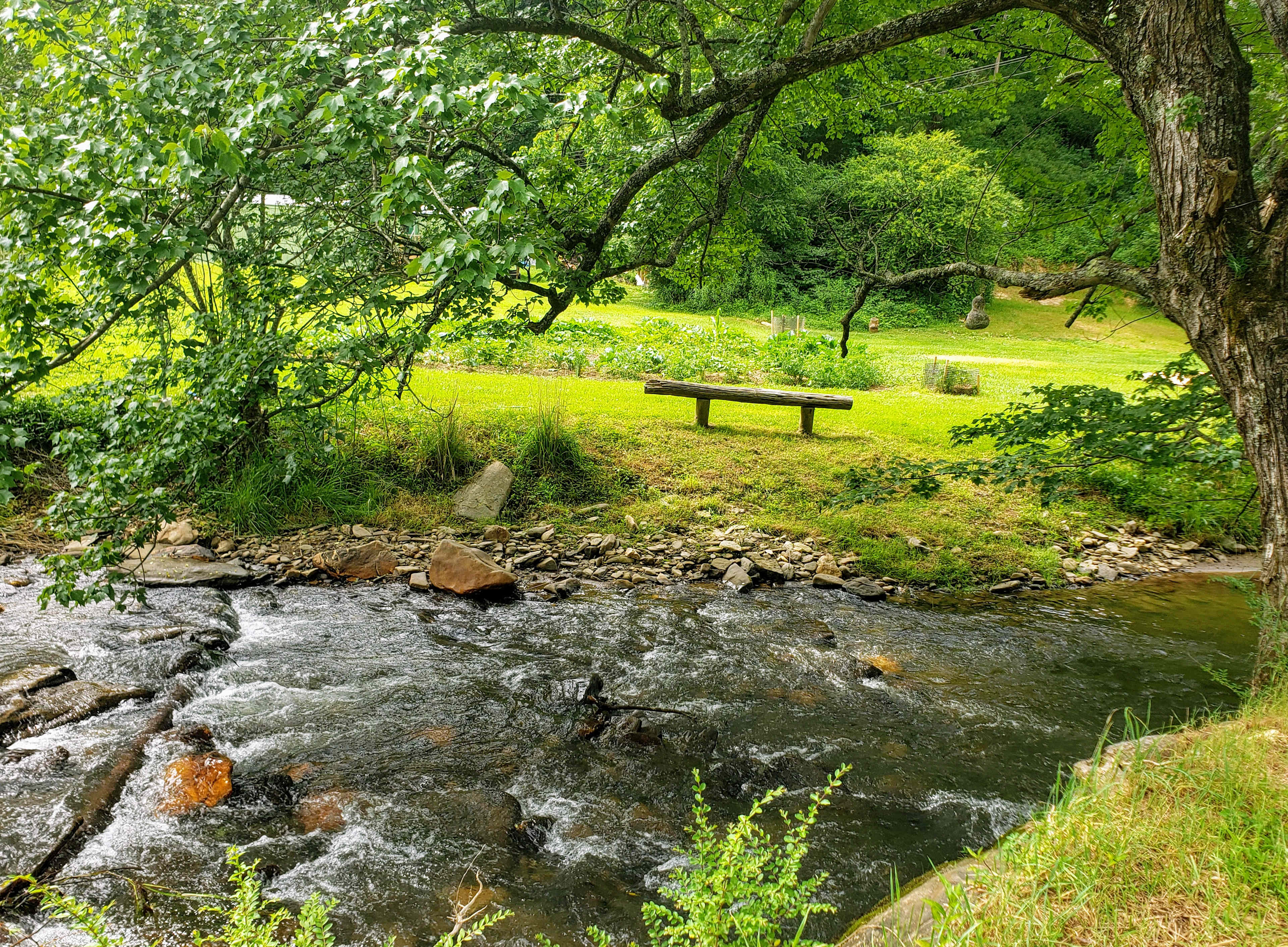 Walk across our bridge for additional benches, fire pits, outdoor lawn games and hammocks for relaxing. 