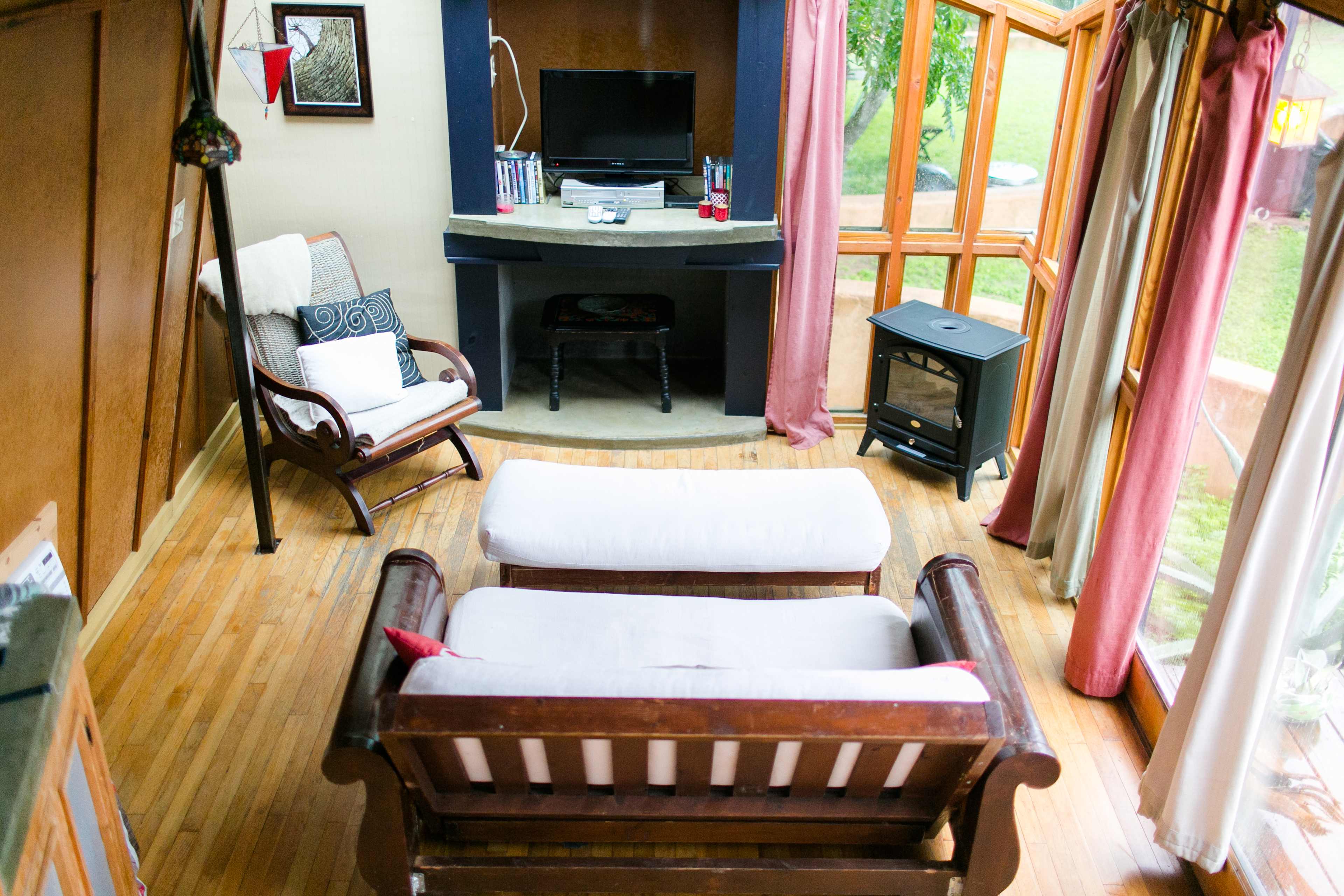 View from our bed of the living room area.